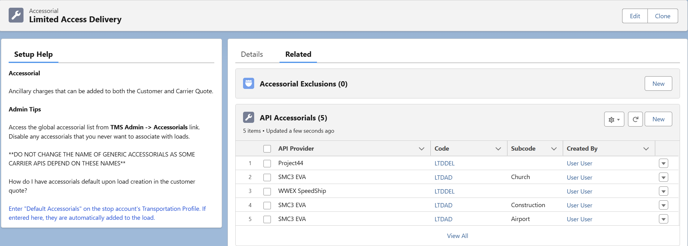 API Accessorial record with limited access delivery entries for SMC3 EVA.